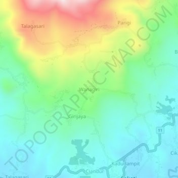 Mapa topográfico Wanagiri, altitud, relieve