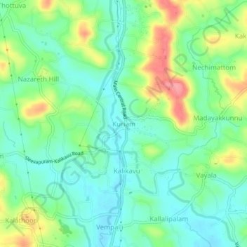 Mapa topográfico Kuriam, altitud, relieve