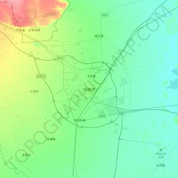 Mapa topográfico Baicheng, altitud, relieve