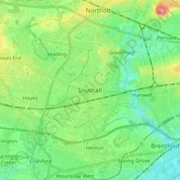 Mapa topográfico Southall, altitud, relieve