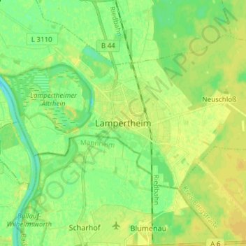 Mapa topográfico Lampertheim, altitud, relieve