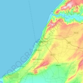 Mapa topográfico Mostaganem, altitud, relieve