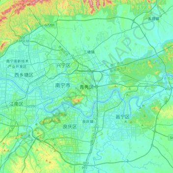 Mapa topográfico Qingxiu, altitud, relieve