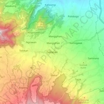 Mapa topográfico Getasan, altitud, relieve