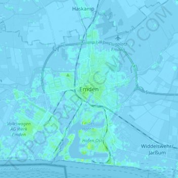 Mapa topográfico Emden, altitud, relieve