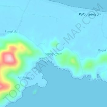 Mapa topográfico Arung Ayam, altitud, relieve