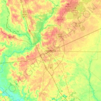 Mapa topográfico Valdosta, altitud, relieve