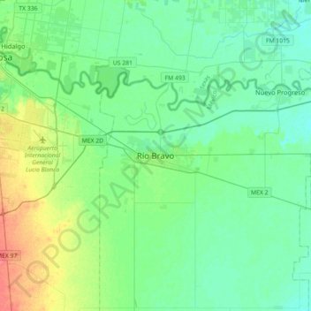 Mapa topográfico Río Bravo, altitud, relieve