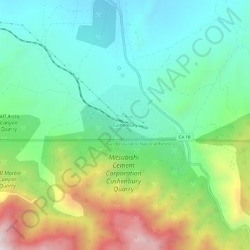 Mapa topográfico Cushenbury, altitud, relieve