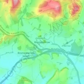 Mapa topográfico Bromsberrow, altitud, relieve