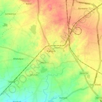 Mapa topográfico Ratlam, altitud, relieve