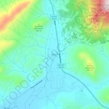 Mapa topográfico Shouns, altitud, relieve