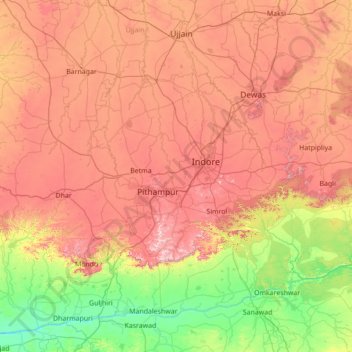 Mapa topográfico Indore, altitud, relieve
