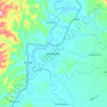 Mapa topográfico Monkayo, altitud, relieve