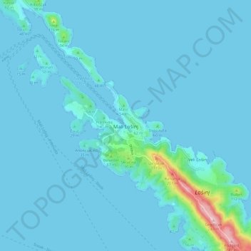 Mapa topográfico Mali Lošinj, altitud, relieve
