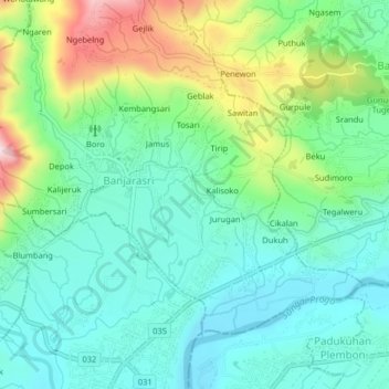 Mapa topográfico Jetis, altitud, relieve