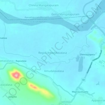 Mapa topográfico Regidi Amadalavalasa, altitud, relieve
