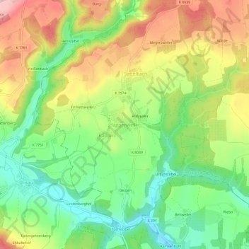 Mapa topográfico Happenweiler, altitud, relieve