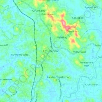 Mapa topográfico Ettumanoor, altitud, relieve