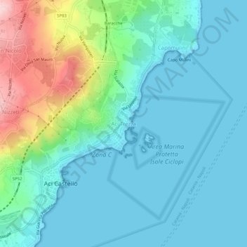 Mapa topográfico Aci Trezza, altitud, relieve