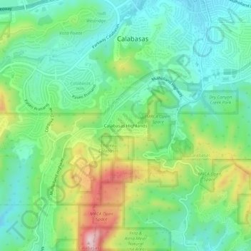 Mapa topográfico Calabasas Highlands, altitud, relieve