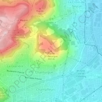 Mapa topográfico Puy de Chanturgue, altitud, relieve