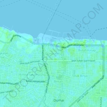 Mapa topográfico Dumai Kota, altitud, relieve