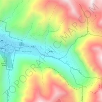 Mapa topográfico Pandora, altitud, relieve