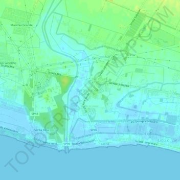 Mapa topográfico Borgo Sabotino, altitud, relieve