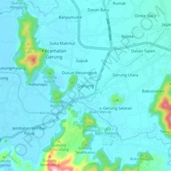 Mapa topográfico Gerung, altitud, relieve