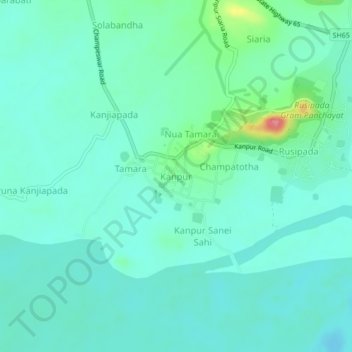 Mapa topográfico Kanpur, altitud, relieve
