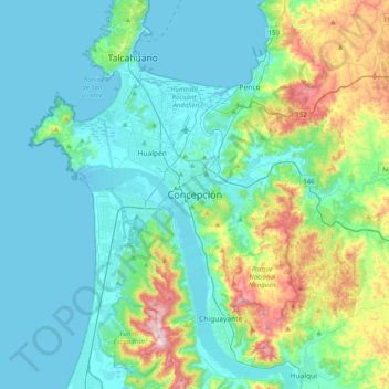 Mapa topográfico Concepción, altitud, relieve