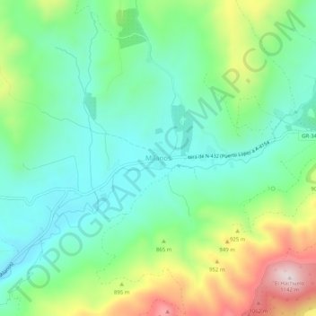 Mapa topográfico Milanos, altitud, relieve