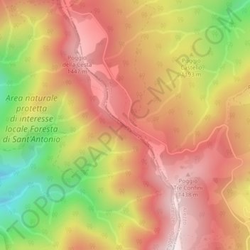 Mapa topográfico Varco di Reggello, altitud, relieve