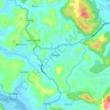 Mapa topográfico Ponda, altitud, relieve