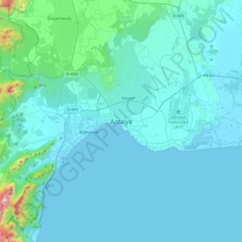Mapa topográfico Antalya, altitud, relieve