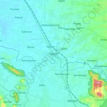 Mapa topográfico Nguter, altitud, relieve
