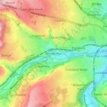 Mapa topográfico Milnsbridge, altitud, relieve