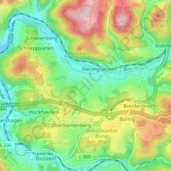 Mapa topográfico Hunstig, altitud, relieve