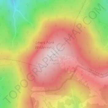 Mapa topográfico Mount Rogers, altitud, relieve