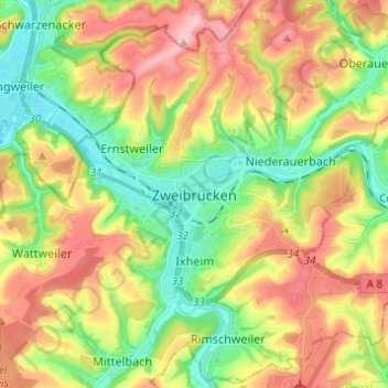 Mapa topográfico Zweibrücken, altitud, relieve