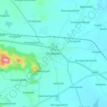 Mapa topográfico Chintamani, altitud, relieve