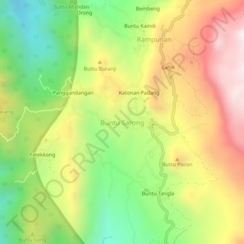 Mapa topográfico Buntu Sarong, altitud, relieve
