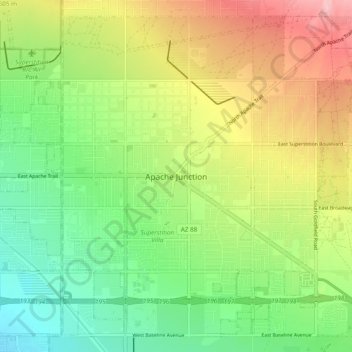 Mapa topográfico Apache Junction, altitud, relieve