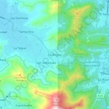 Mapa topográfico Tacarigua, altitud, relieve