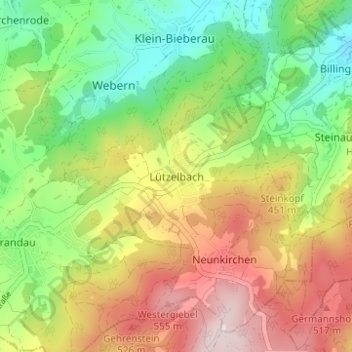 Mapa topográfico Lützelbach, altitud, relieve