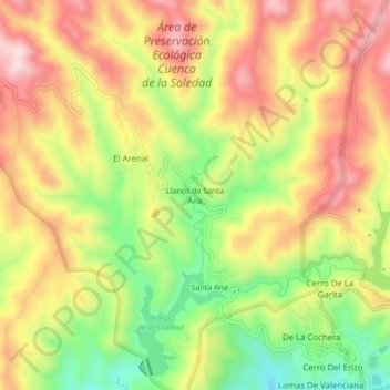 Mapa topográfico Llanos de Santa Ana, altitud, relieve