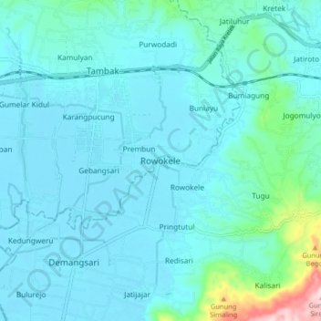 Mapa topográfico Rowokele, altitud, relieve