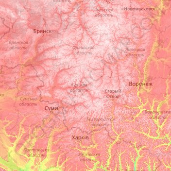 Mapa topográfico Kursk Oblast, altitud, relieve