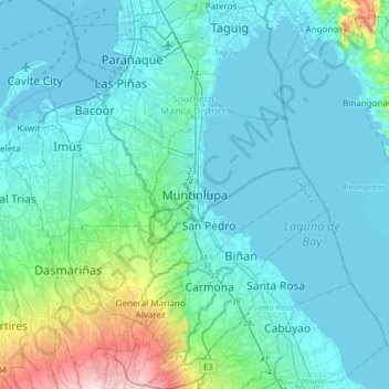 Mapa topográfico Muntinlupa, altitud, relieve